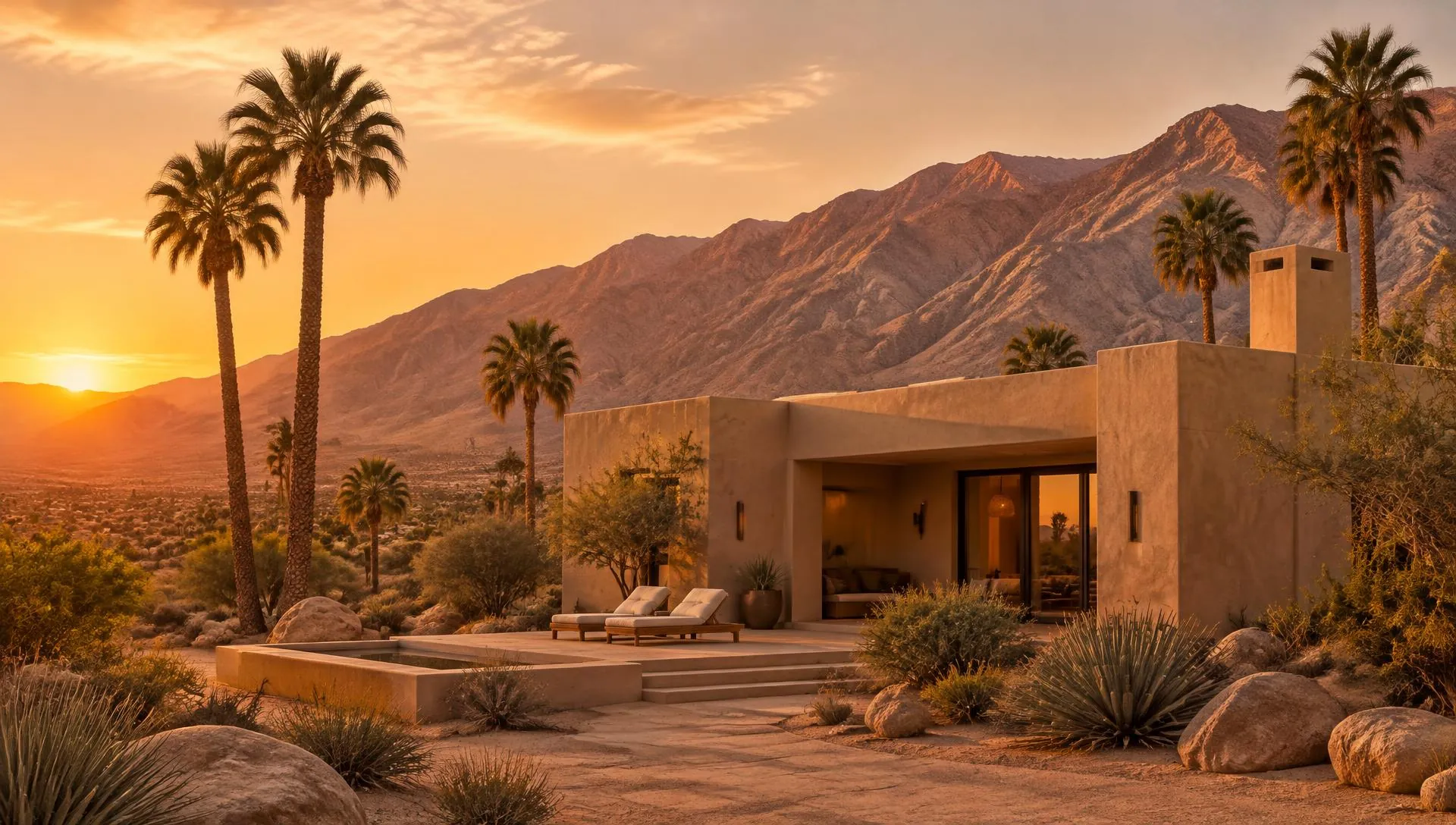 Desert home at golden hour in Borrego Springs with palms and mountains